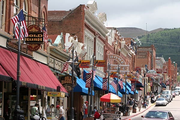 Historic Cripple Creek main street with Victorian buildings