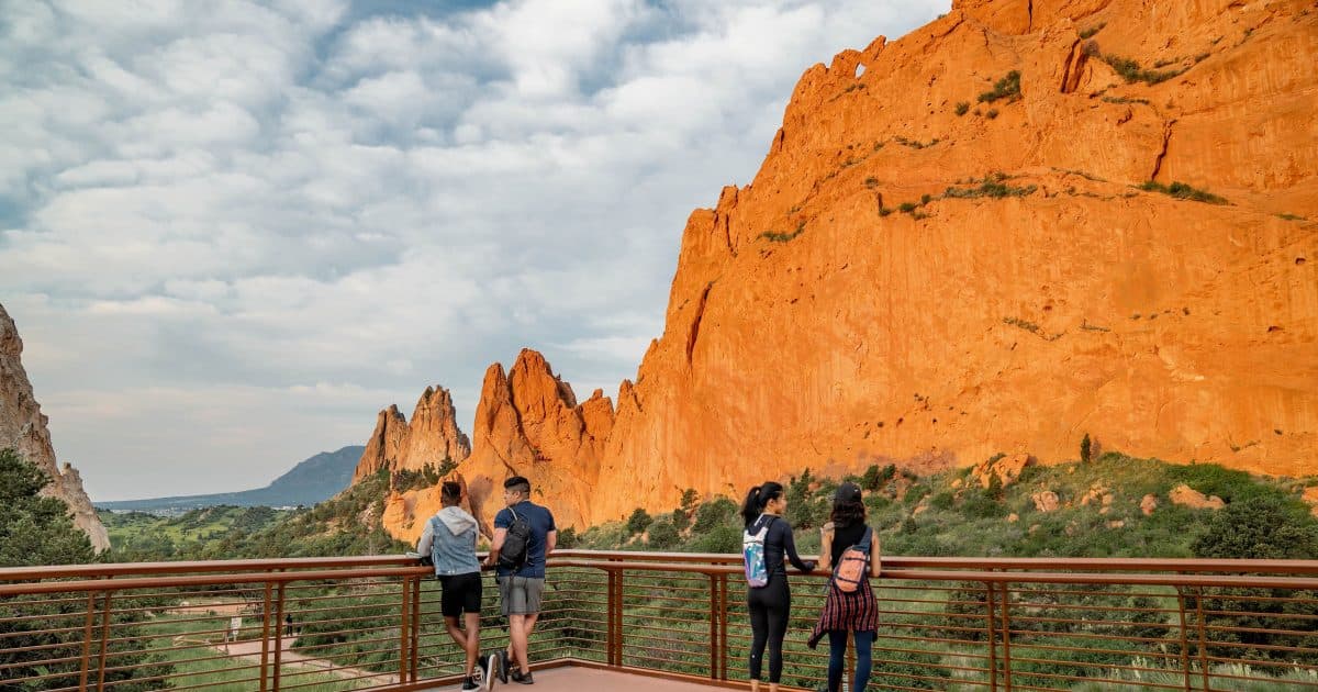 Iconic red rock formations at Garden of the Gods with Pikes Peak